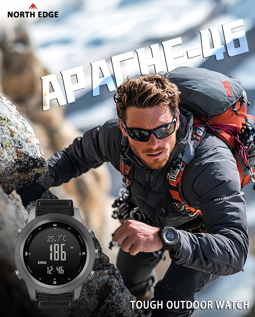 Montre Tactique North Edge Apache-46 – Altimètre, Baromètre, Boussole, Étanchéité 50M – Idéale pour les Aventuriers