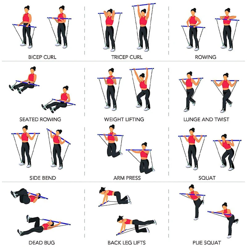 Kit Barre de Pilates Multifonctionnelle – Entraînement Complet à Domicile avec Bandes de Résistance
